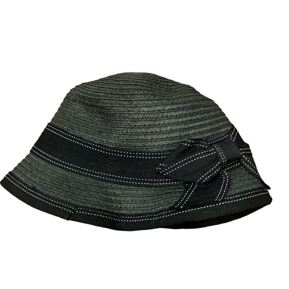 Women's Cloche Hat with Bow Black Paper Woven Foldable Packable  119E - Picture 2 of 10